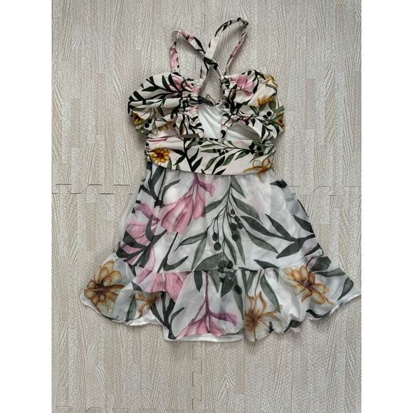 PatBo Jasmine Cutout Mini Dress Sexy Honeymoon Floral Ruffle Criss Cross Large - Picture 6 of 16